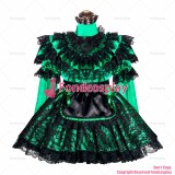 fondcosplay adult sexy cross dressing sissy maid short French Lockable Green Satin black lace Dress Uniform CD/TV[G4002]