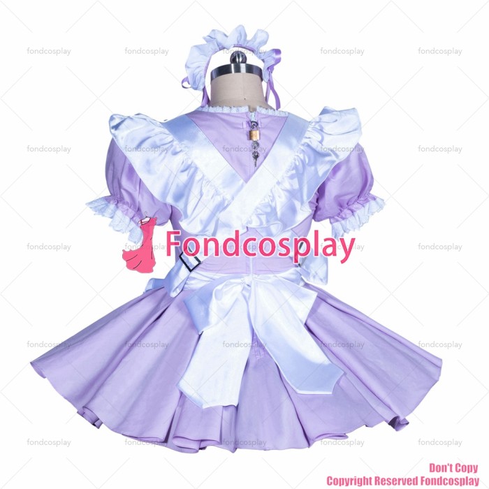 fondcosplay adult sexy cross dressing sissy maid short French lilac cotton lockable dress white satin apron CD/TV[G3881]