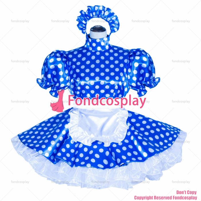 fondcosplay adult sexy cross dressing sissy maid short French Lockable Blue dots satin Dress Uniform Costume CD/TV[G4017]