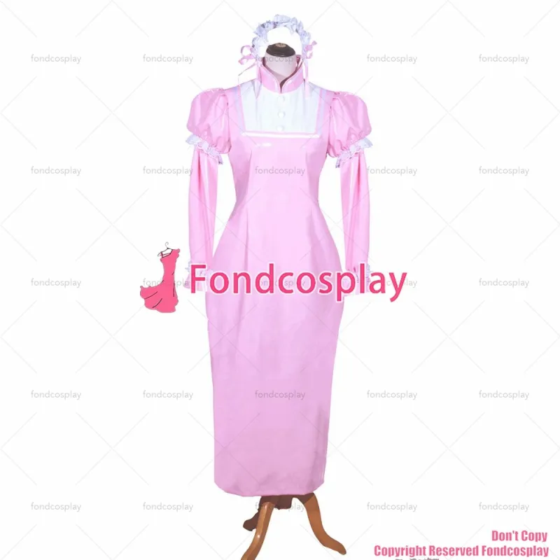 fondcosplay adult sexy cross dressing sissy maid long French Lockable Baby Pink thin PVC Dress Uniform CD/TV[G3980]