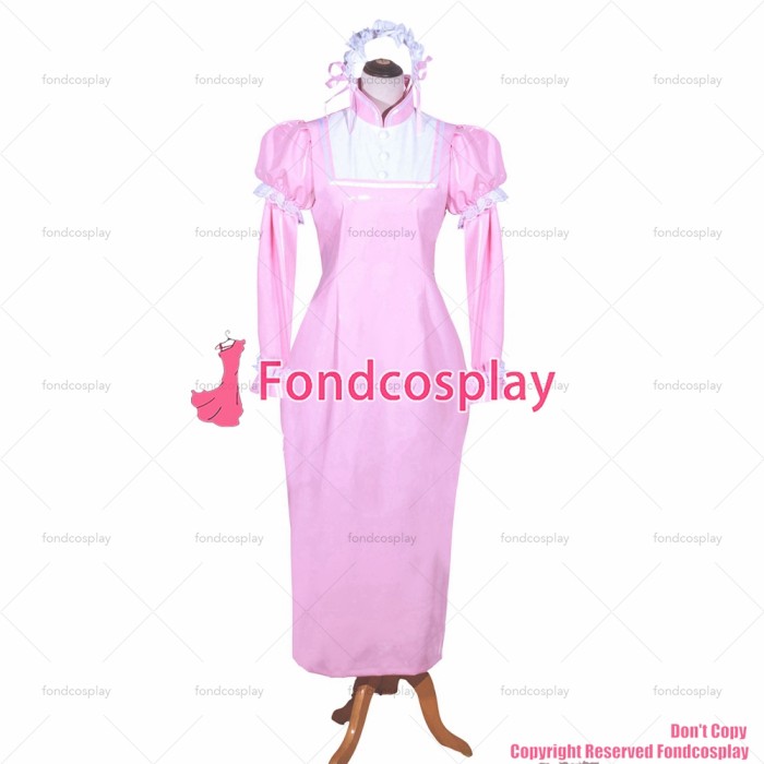 fondcosplay adult sexy cross dressing sissy maid long French Lockable Baby Pink thin PVC Dress Uniform CD/TV[G3980]