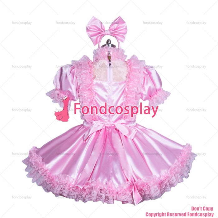 fondcosplay adult sexy cross dressing sissy maid short French lockable baby pink Satin-glass silk dress apron CD/TV[G3880]