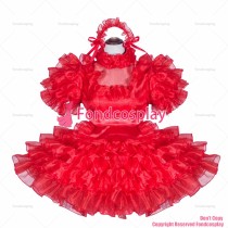 fondcosplay adult sexy cross dressing sissy maid short French Lockable Red Organza satin Dress Uniform CD/TV[G4064]
