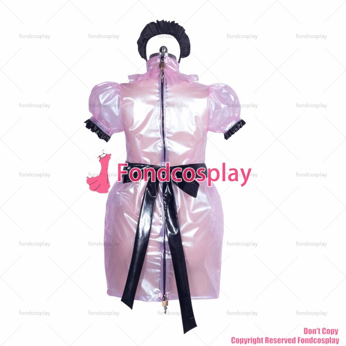 fondcosplay adult sexy cross dressing sissy maid short French lockable baby pink clear PVC dress Open breast CD/TV[G3874]