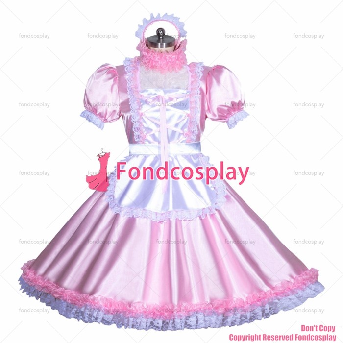 fondcosplay adult sexy cross dressing sissy maid short French pink Satin lockable dress Uniform costume CD/TV[G3945]