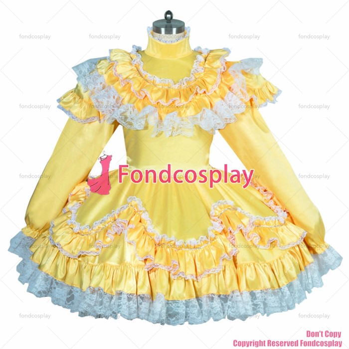fondcosplay adult sexy cross dressing sissy maid short French lockable yellow satin dress white lace TV CD/TV[G3918]