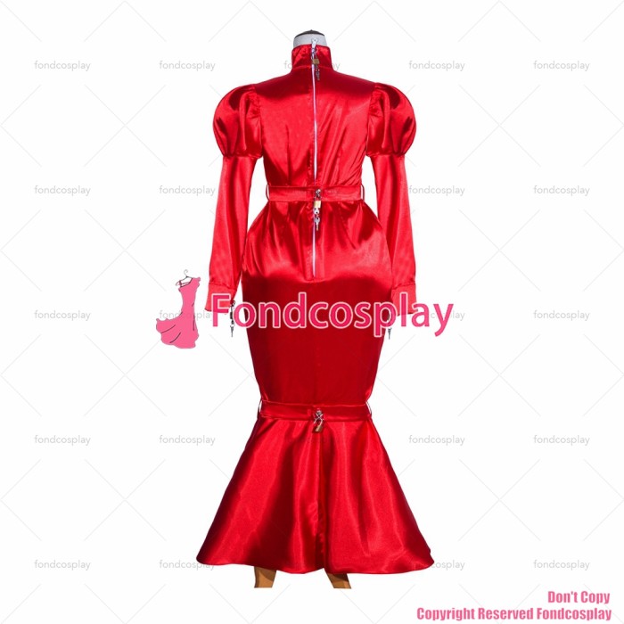 fondcosplay adult sexy cross dressing sissy maid long French Satin red Dress Lockable Uniform Cosplay Costume CD/TV[G4061]