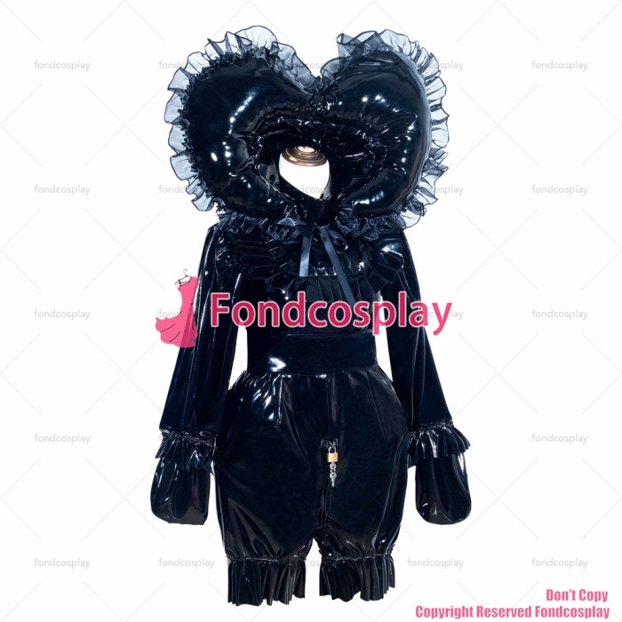 fondcosplay adult sexy cross dressing sissy maid short French Lockable Black thin PVC Romper bonnet Jumpsuit CD/TV[G4011]
