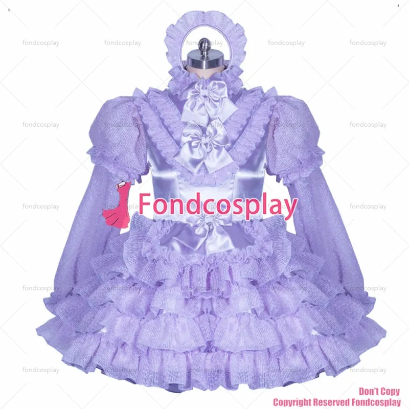 fondcosplay adult sexy cross dressing sissy maid short French lockable lilac satin organza dress unisex CD/TV[G3883]