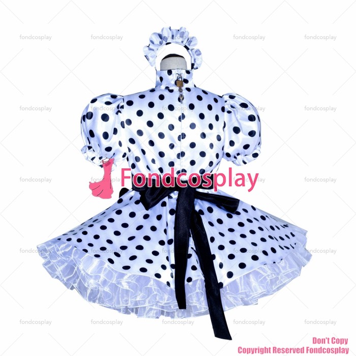 fondcosplay adult sexy cross dressing sissy maid short French Lockable white dots satin Dress Uniform Costume CD/TV[G4019]