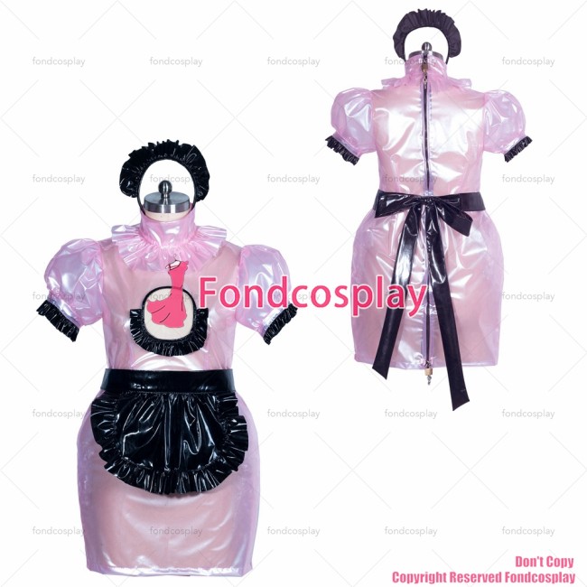 fondcosplay adult sexy cross dressing sissy maid short French lockable baby pink clear PVC dress Open breast CD/TV[G3874]