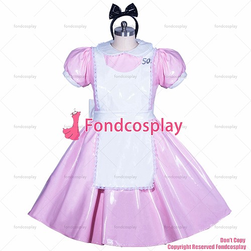 fondcosplay adult sexy cross dressing sissy maid French lockable pink heavy PVC Alice dress Peter Pan collar CD/TV[G3912]