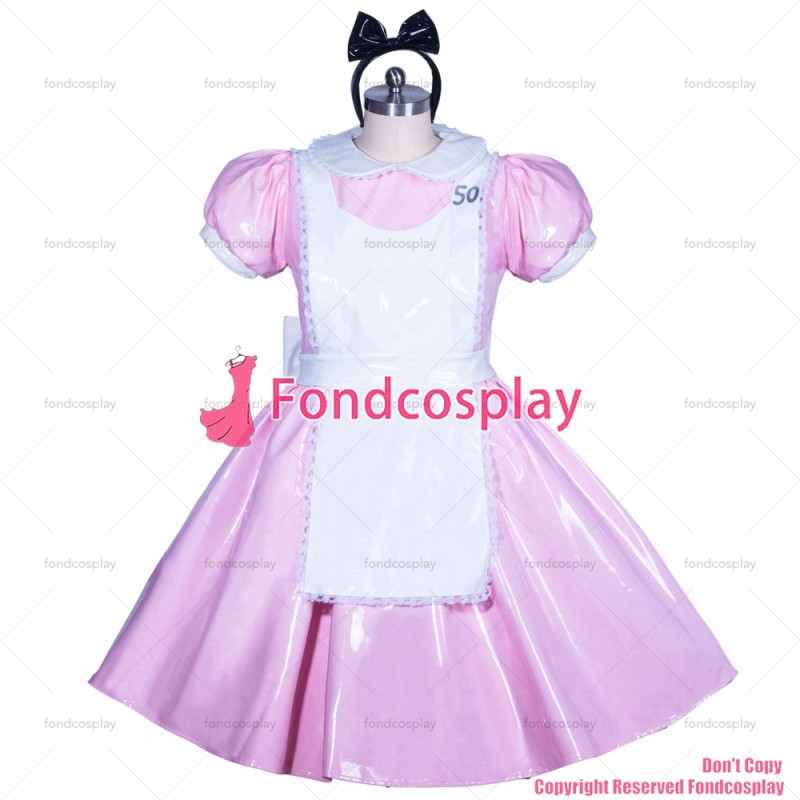 fondcosplay adult sexy cross dressing sissy maid French lockable pink heavy PVC Alice dress Peter Pan collar CD/TV[G3912]