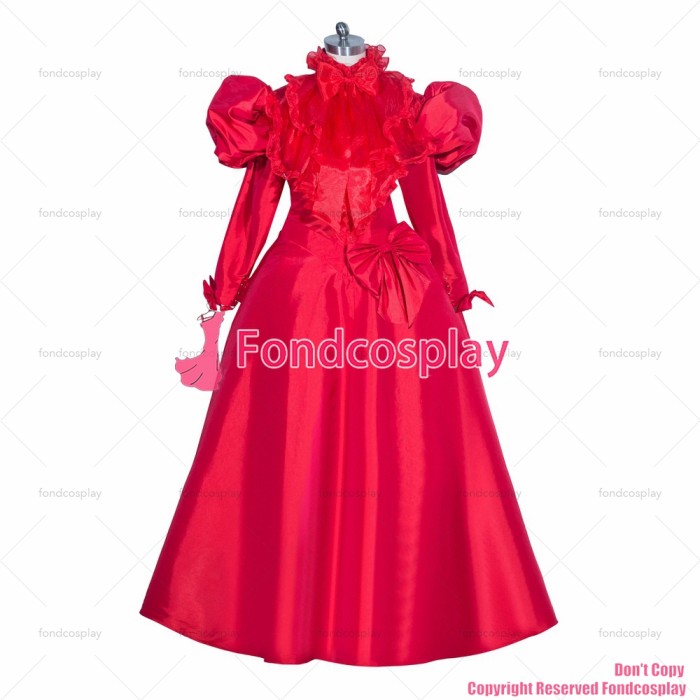 fondcosplay adult sexy cross dressing sissy maid long French Lockable Red Satin Dress Uniform party medieval CD/TV[G3994]
