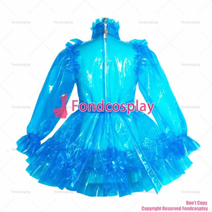 fondcosplay adult sexy cross dressing sissy maid short French lockable blue clear PVC dress unisex CD/TV[G3952]
