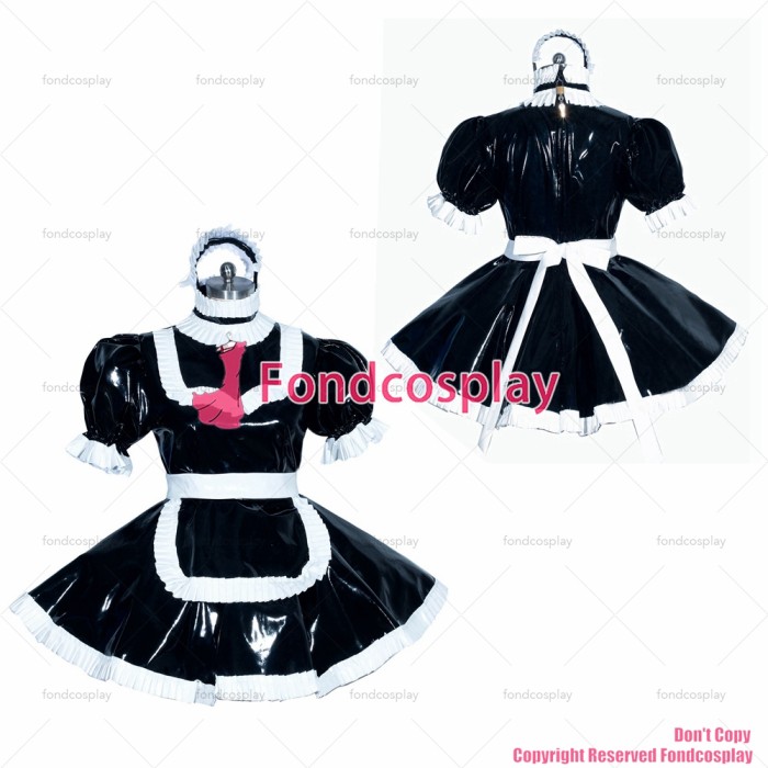 fondcosplay adult sexy cross dressing sissy maid short French heavy black PVC lockable dress Uniform costume CD/TV[G3936]