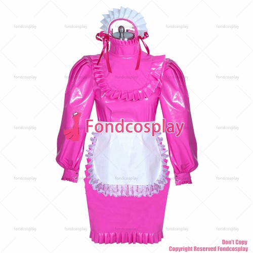 fondcosplay adult sexy cross dressing sissy maid short French lockable hot pink thin PVC dress white apron CD/TV[G3888]