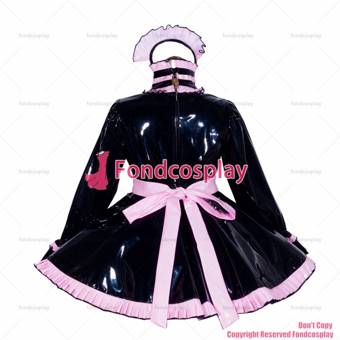 fondcosplay cross dressing sissy maid short French Lockable Black heavy PVC Dress pink apron Open the breast CD/TV[G4051]