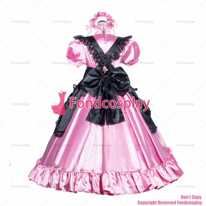 fondcosplay adult sexy cross dressing sissy maid long French Lockable Pink Satin Dress black apron Uniform CD/TV[G3993]