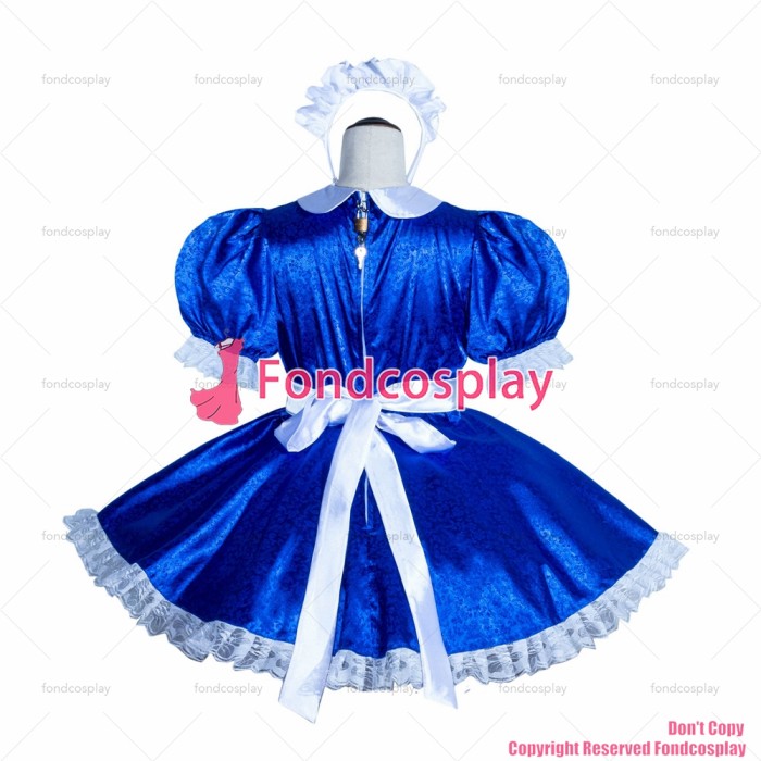 fondcosplay adult sexy cross dressing sissy maid short French Lockable Blue Satin Dress Uniform Costume CD/TV[G4001]