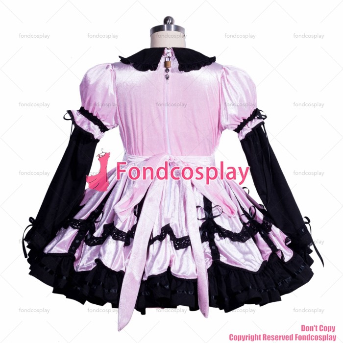 fondcosplay adult sexy cross dressing sissy maid short lockable pink/black velvet dress uniform CD/TV[G3964]