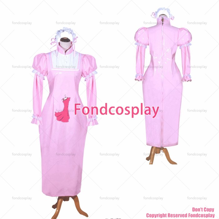 fondcosplay adult sexy cross dressing sissy maid long French Lockable Baby Pink thin PVC Dress Uniform CD/TV[G3980]