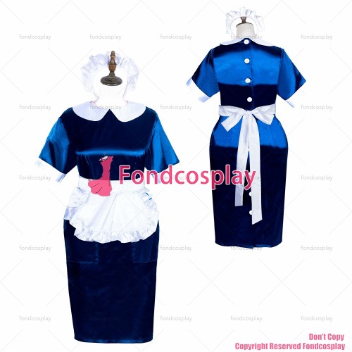 fondcosplay adult sexy cross dressing sissy maid short French button Navy blue satin dress White buttons CD/TV[G3887]