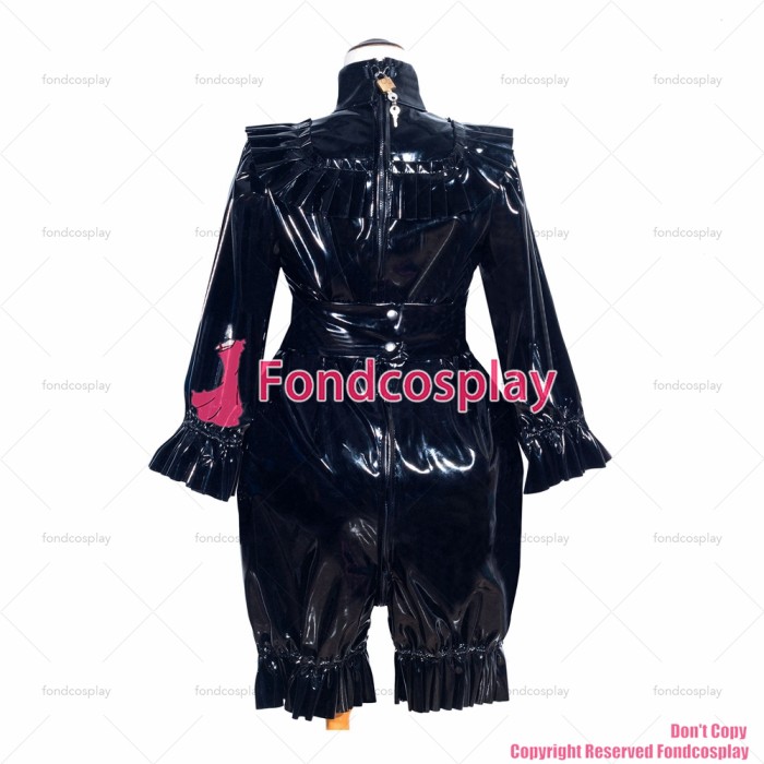 fondcosplay adult sexy cross dressing sissy maid short French Lockable Black thin PVC Romper Jumpsuit Uniform CD/TV[G4010]