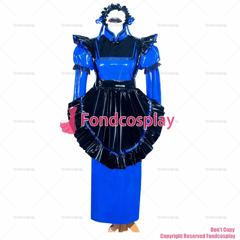 fondcosplay adult cross dressing sissy maid long French Lockable Blue thin PVC Dress Uniform black apron CD/TV[G3987]