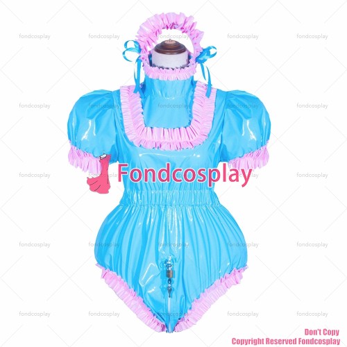 fondcosplay adult sexy cross dressing sissy maid short French 2 Lockable Blue thin PVC Romper jumpsuits CD/TV[G4050]