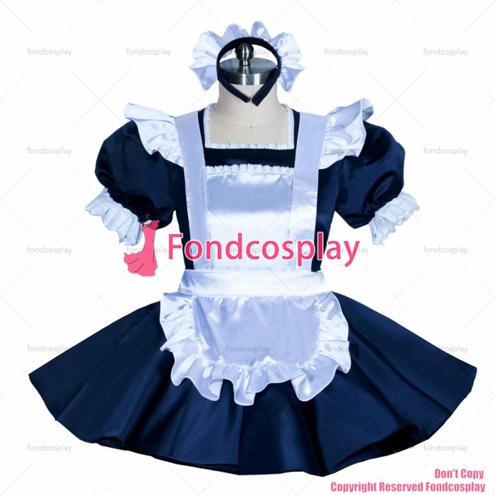 fondcosplay adult sexy cross dressing sissy maid short French lockable dark blue dress unisex white apron CD/TV[G3879]