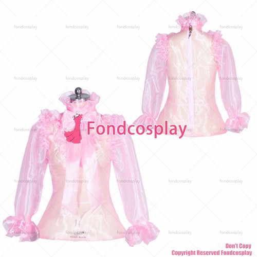 fondcosplay adult sexy cross dressing sissy maid short French glass silk lockable organza pink shirt Uniform CD/TV[G3951]