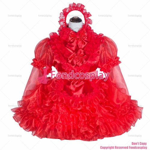 fondcosplay adult sexy cross dressing sissy maid short French Lockable Red Organza satin Dress Uniform CD/TV[G4016]
