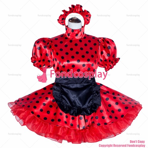 fondcosplay adult sexy cross dressing sissy maid short French Lockable Red dots satin Dress cosplay Costume CD/TV[G4021]