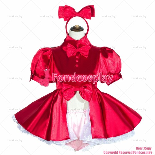 fondcosplay adult sexy cross dressing sissy maid short French Lockable Red satin Dress Uniform open sex CD/TV[G4034]