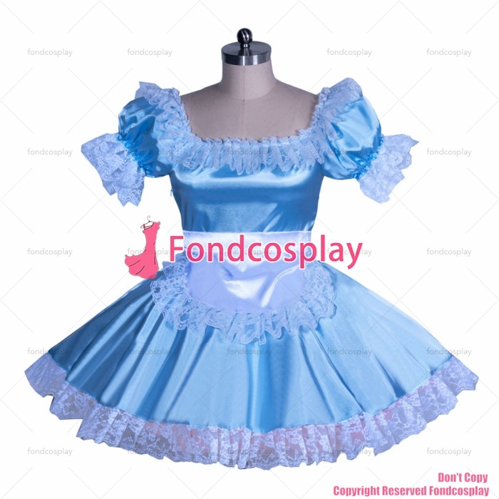 fondcosplay adult sexy cross dressing sissy maid baby blue short French Satin Dress white apron Unisex CD/TV[G3930]