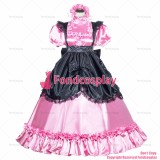 fondcosplay adult sexy cross dressing sissy maid long French Lockable Pink Satin Dress black apron Uniform CD/TV[G3993]