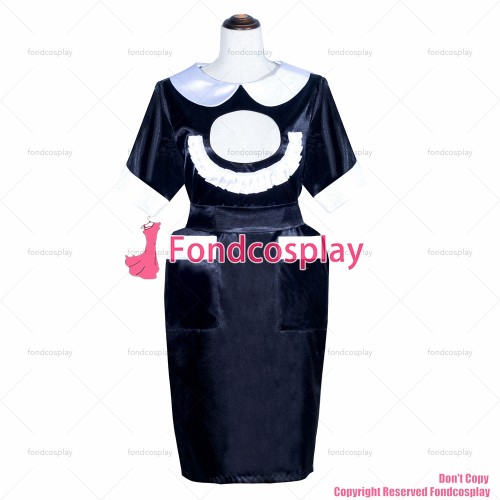 fondcosplay adult cross dressing sissy maid French black satin Dress Lockable Peter Pan collar white buttons CD/TV[G4031]