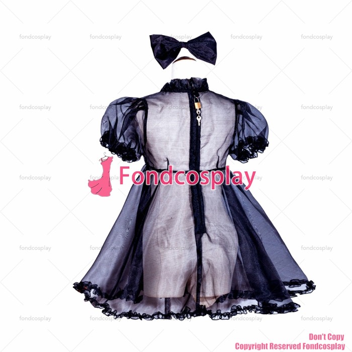 fondcosplay adult sexy cross dressing sissy maid short French Lockable black Organza Dress Uniform Costume CD/TV[G4030]