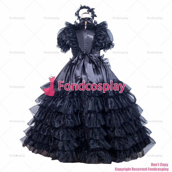fondcosplay adult sexy cross dressing sissy maid long French Black Organza Satin dress lockable lolita TV CD/TV[G4025]
