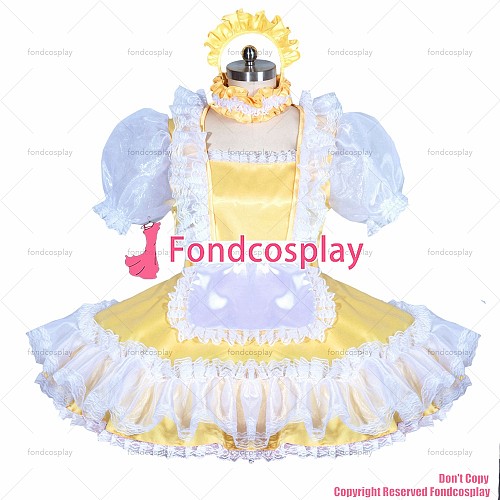 fondcosplay adult sexy cross dressing sissy maid short French lockable yellow satin dress unisex CD/TV[G3899]
