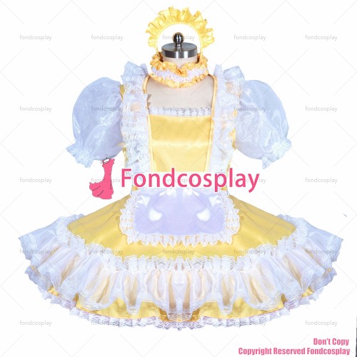 fondcosplay adult sexy cross dressing sissy maid short French lockable yellow satin dress unisex CD/TV[G3899]