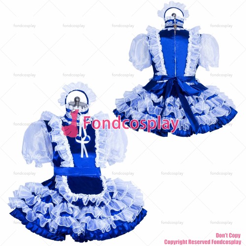 fondcosplay adult sexy cross dressing sissy maid short french blue satin organza lockable dress Uniform costume CD/TV[G3958]
