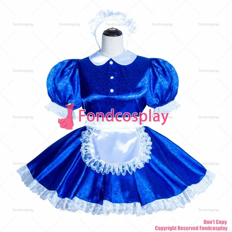 fondcosplay adult sexy cross dressing sissy maid short French Lockable Blue Satin Dress Uniform Costume CD/TV[G4001]