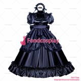 fondcosplay adult sexy cross dressing sissy maid long French Lockable Black Satin Dress Uniform Costume CD/TV[G3988]