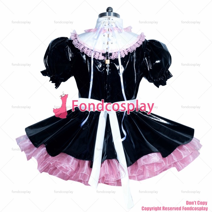 fondcosplay adult sexy cross dressing sissy maid short French black thin PVC lockable dress Uniform costume CD/TV[G3940]