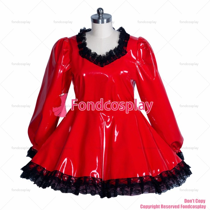 fondcosplay adult sexy cross dressing sissy maid short red heavy PVC Gothic lolita lockable punk dress CD/TV[G3926]