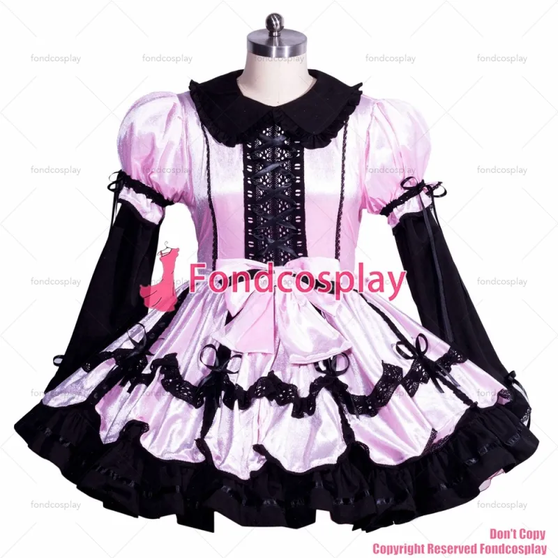 fondcosplay adult sexy cross dressing sissy maid short lockable pink/black velvet dress uniform CD/TV[G3964]