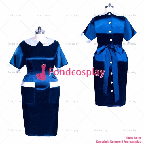 fondcosplay adult sexy cross dressing sissy maid short navy blue Satin smock Uniform white buttons CD/TV[G3871]