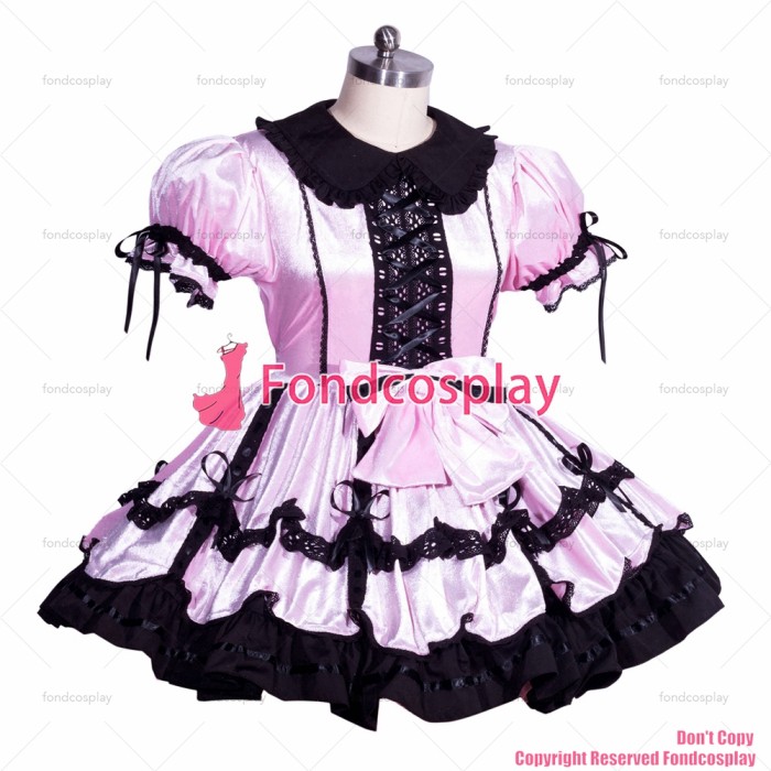fondcosplay adult sexy cross dressing french sissy maid short lockable pink black velvet dress uniform tailor made[G3965]